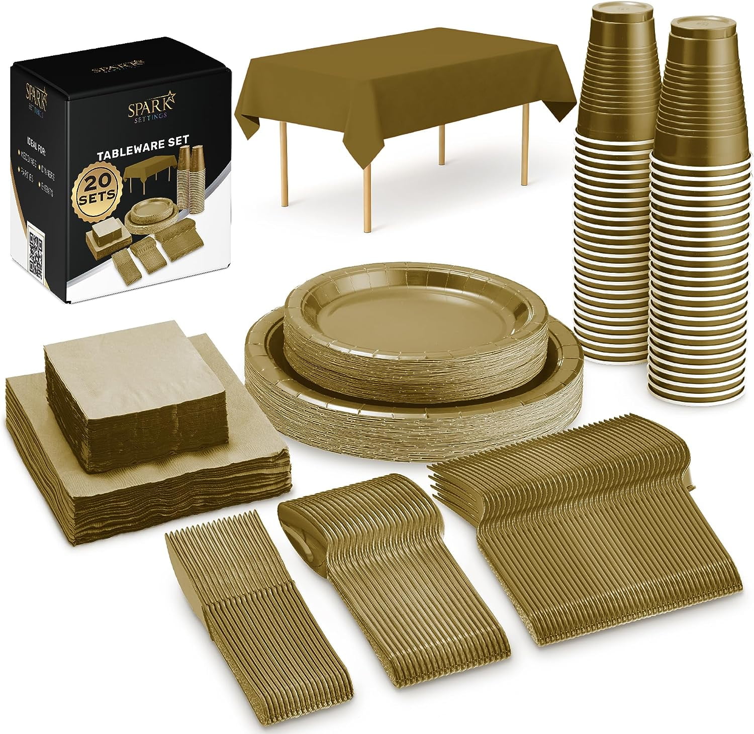Gold Party Supplies Set Paper Plates Plastic Cups Forks Knives Spoons Napkins Tablecloth Serves 20 Guests Disposable Dinnerware Set of 222 Pieces, Complete Tableware for Party - By SparkSettings