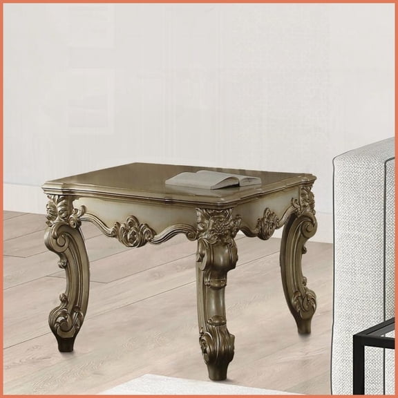Gold Patina & Bone Coffee Table with Scrolled Legs Intricate Trim for Living Room Versatility