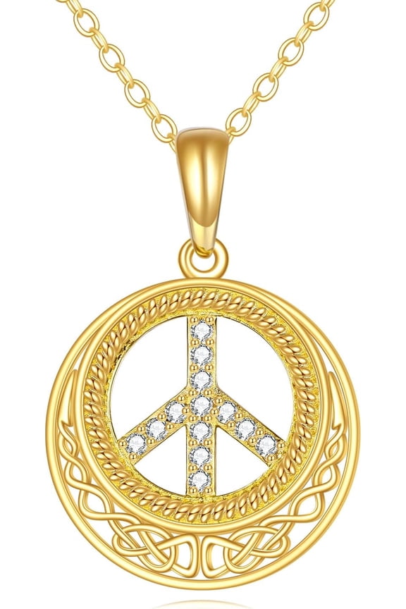 Gold Peace Sign Pendant Necklace 10k Gold Irish Celtic Knot Necklace Peace Symbol Jewelry Christmas Gifts for Women