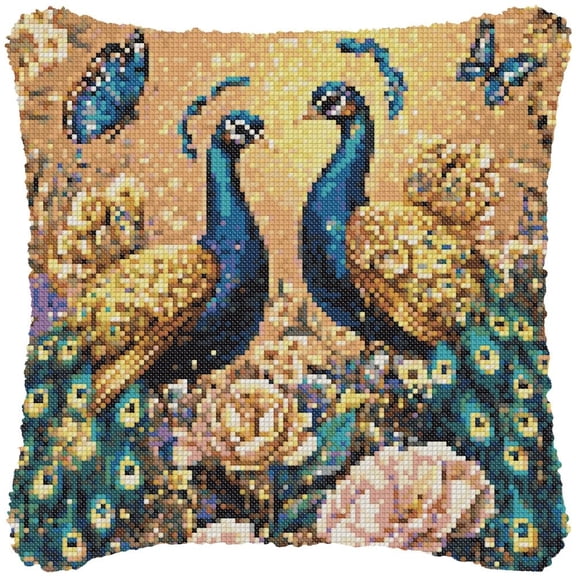 Gold Peacocks Cross-Stitch Pillow DIY Kit Fully Openable Zipper Design Pillowcase 11CT Counted Needlepoint Handmade Cushion Pre-Printed Pattern Eco-friendly Cotton and Linen 45x45cm