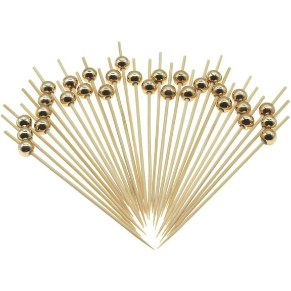 Gold Pearl Bamboo Cocktail Picks 4.7 Inch Long Fancy Toothpicks for Appetizers Drinks Fruits Party Food Garnish Skewer Sticks 100 Counts- MSL150