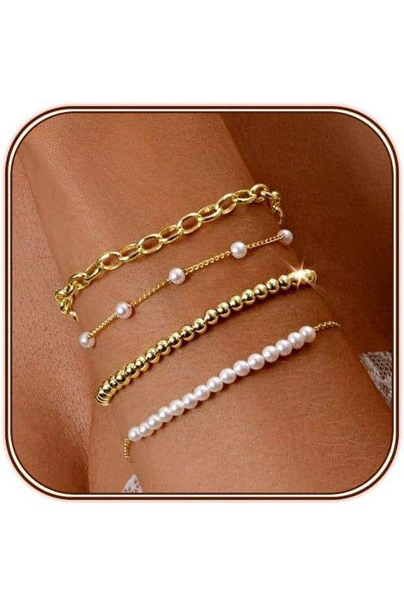 Gold Pearl Beaded Bracelet for Women, 14K Gold Plated Jewelry Set With Paperclip Link Chain, Trendy Stack Bracelets