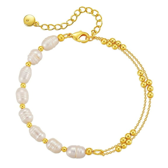 Gold Pearl Bracelet for Women 18 Gold Plated Dainty Baroque Pearl Bracelet Gold Bead Bracelets for Women Teen Girls, Adjustable, Handmade Bracelet