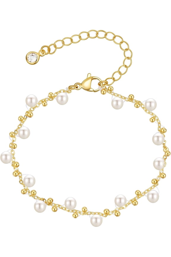 Gold Pearl Bracelets for Women Jewelry Gifts - 14K Gold Plated Cultured Pearls Bracelet Dainty Layered Pearl Beaded CZ Bracelets for Women Bridesmaid Jewelry Gifts