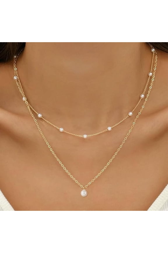 Gold Pearl Necklace for Women, 14K Gold Plated Layered Pearl Necklaces for Women Trendy Simple Herringbone Chain Pearl Necklace for Women Gold Jewelry Gifts