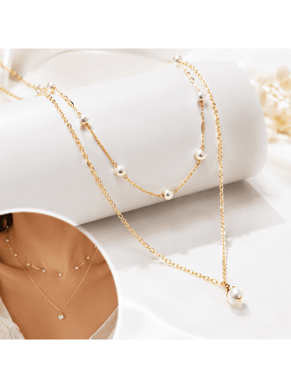 Gold Pearl Necklace for Women, 14K Gold Plated Layered Pearl Necklaces for Women Trendy Simple Herringbone Chain Pearl Necklace for Women Gold Jewelry Gifts