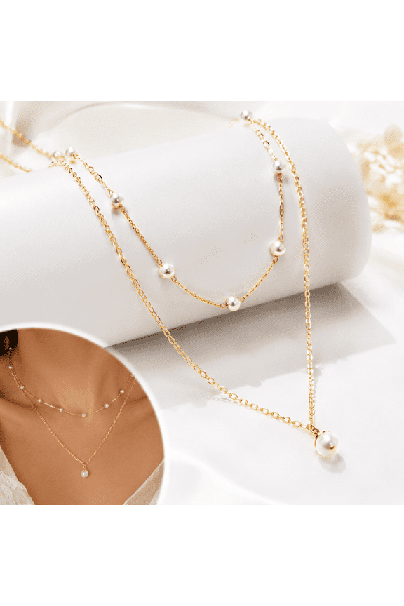 Gold Pearl Necklace for Women, 14K Gold Plated Layered Pearl Necklaces for Women Trendy Simple Herringbone Chain Pearl Necklace for Women Gold Jewelry Gifts