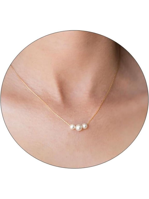 Gold Pearl Necklaces For Women 14K Gold Plated Handmade White Pearl Choker Necklace Dainty Small Tiny Beaded Pearl Strand Chain Necklace Delicate Single Wedding Prom Bridal Jewelry Gift[o43]