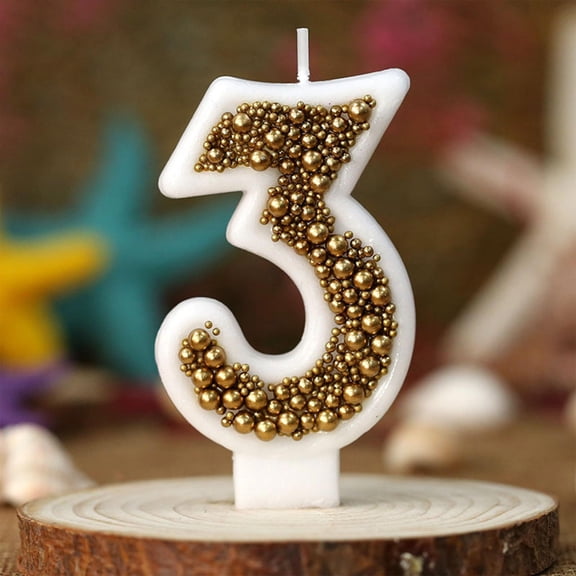 Gold Pearl Number Candle for Birthday Cake Decoration Party Supplies with Macaron Inspired Design for Anniversary Celebration and Festive Decor Photography Prop and Table Centerpiece