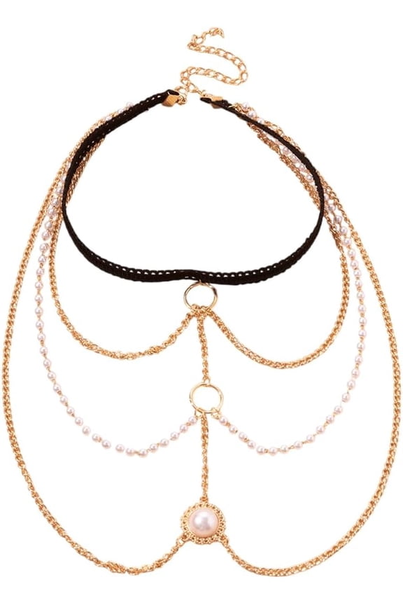 Gold Pearl Rhinestone Thigh Chain Multi Layer Alloy Beads Tassel Boho Jewelry Punk Leg Chains Bikini Cross Punk Metal Beaded Layered Body Chain for Female Body Jewelry Party Bikini Beach