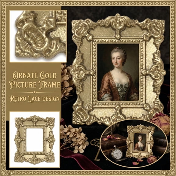 Gold Pearl Vintage Lace Photo Frame, Antique Ornate Picture Border, Decorative Desktop Accessory for Journaling and Photography Props