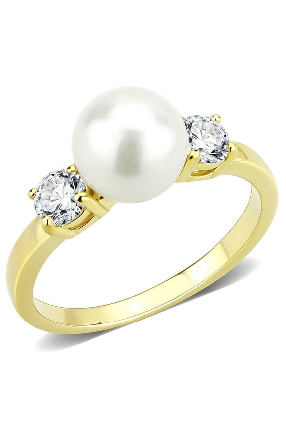 Gold Pearl Womens Ring Stainless Steel Anillo Color Oro Perla Para Mujer Acero Inoxidable