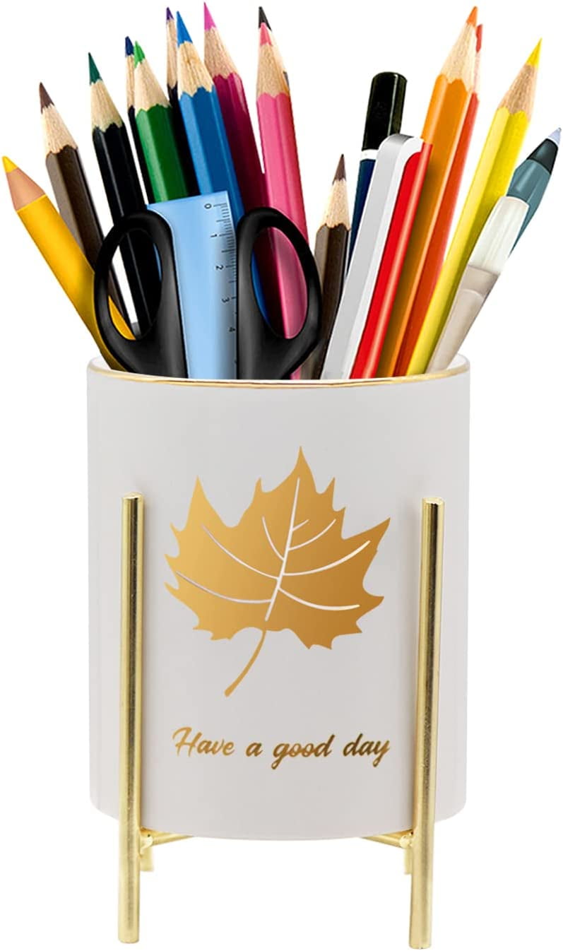 Gold Pen Holder, Desk Ceramic Pen Holder with Metal Frame Desk Pencil
