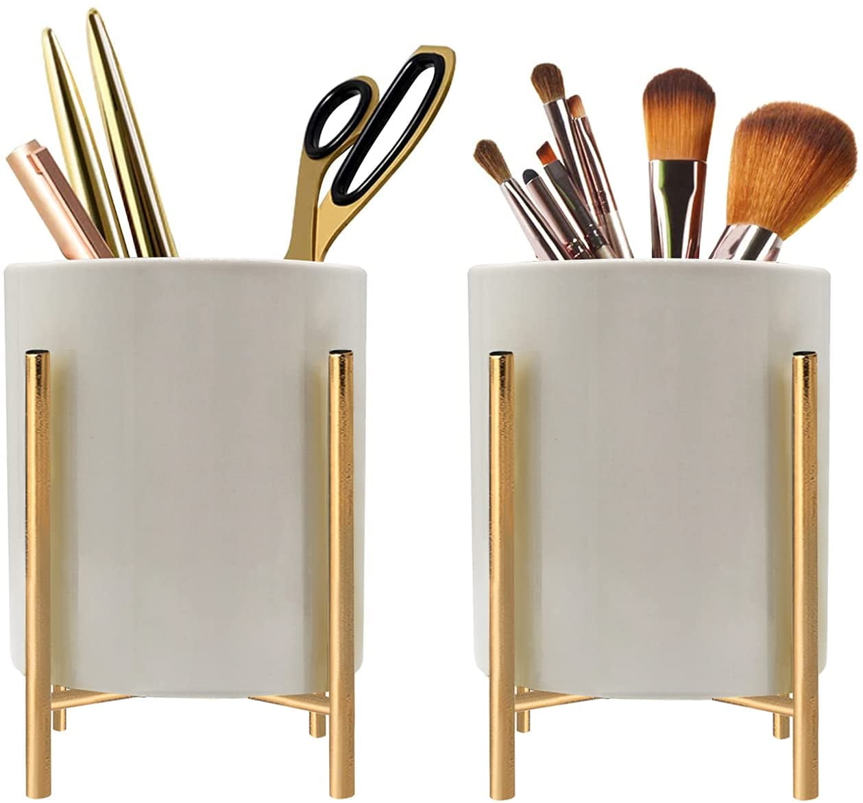 Gold Pencil Cup 2 Pcs White Ceramic Pencil Cup With Sturdy Metal Frame Makeup Brush Holder Decorate your Office Desktop, Classroom, Home, Cute and Elegant 4.7*3.15inch