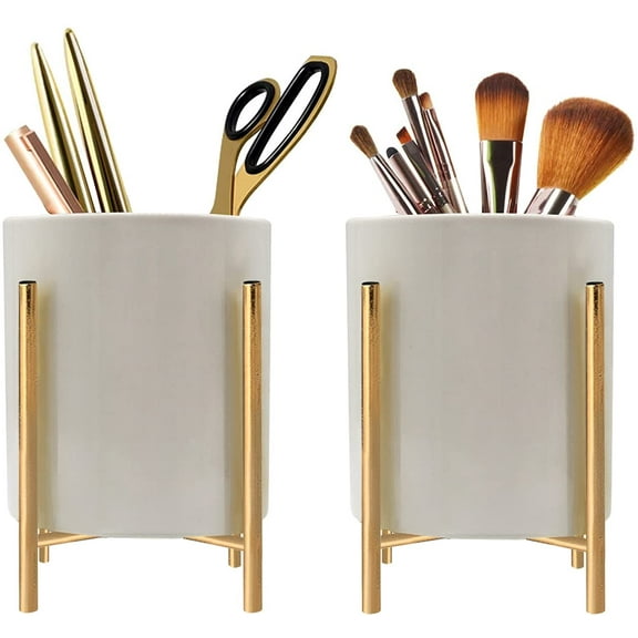 Gold Pencil Cup 2 Pcs White Ceramic Pencil Cup With Sturdy Metal Frame Makeup Brush Holder Decorate your Office Desktop, Classroom, Home, Cute and Elegant 4.7*3.15inch