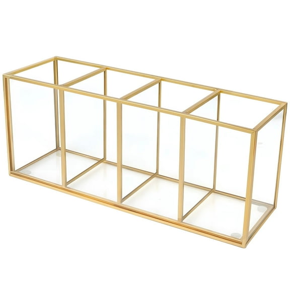 Gold Frame Glass Pen Holder, 4-Compartment Desktop Organizer for Office Supplies, Makeup Brushes, Stationery & Home Desk Accessories