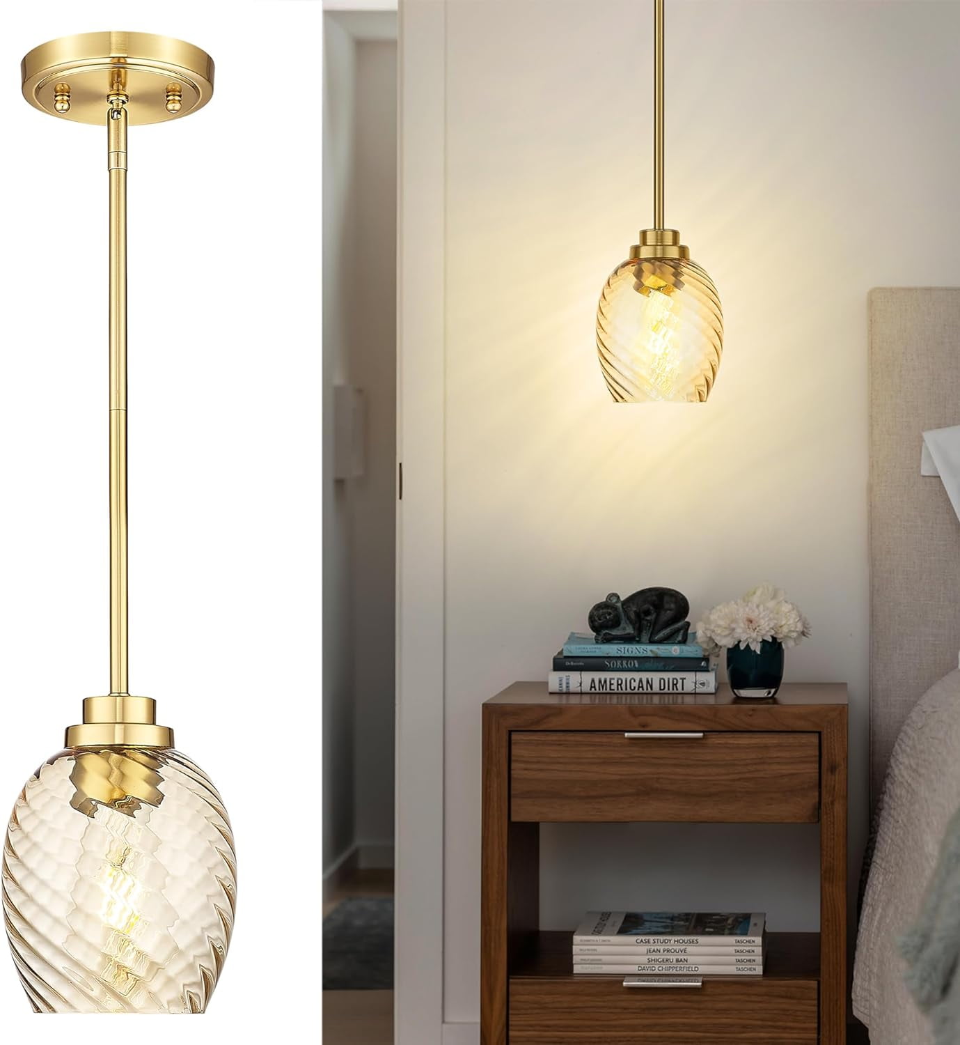 Gold Pendant Light, 1-Light Pendant Lights Kitchen Island with Striped Amber Glass Shade, Modern Hanging Light Fixtures for Entryway Dining Room, AD-22299-1P-OR