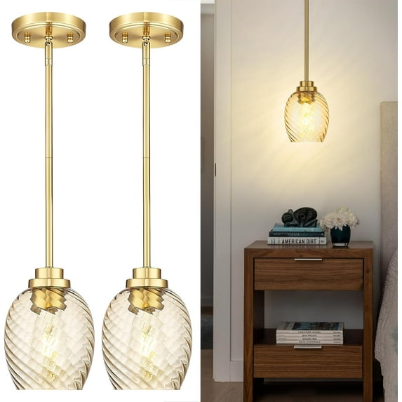 Gold Pendant Light, 2 Pack Pendant Lights Kitchen Island with Striped Amber Glass Shade, Modern Hanging Light Fixtures for Entryway Dining Room, AD-22299-2P-OR
