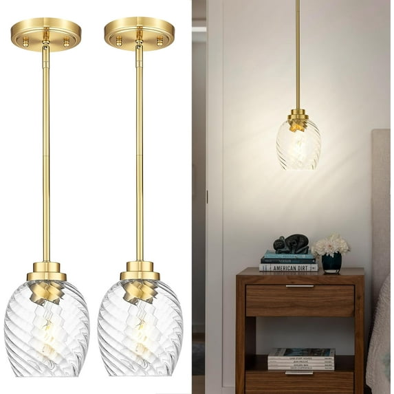 Gold Pendant Light, 2 Pack Pendant Lights Kitchen Island with Striped Clear Glass Shade, Modern Hanging Light Fixtures for Entryway Dining Room, AD-22299-2P-GD