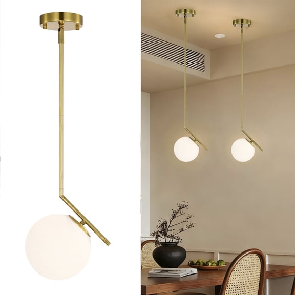 Modern Gold Pendant Light , 5.9’‘ Frosted Glass Globe Ceiling Fixture, Mid Century Adjustable Light for Kitchen Island Entryway Dining Room E12 Base
