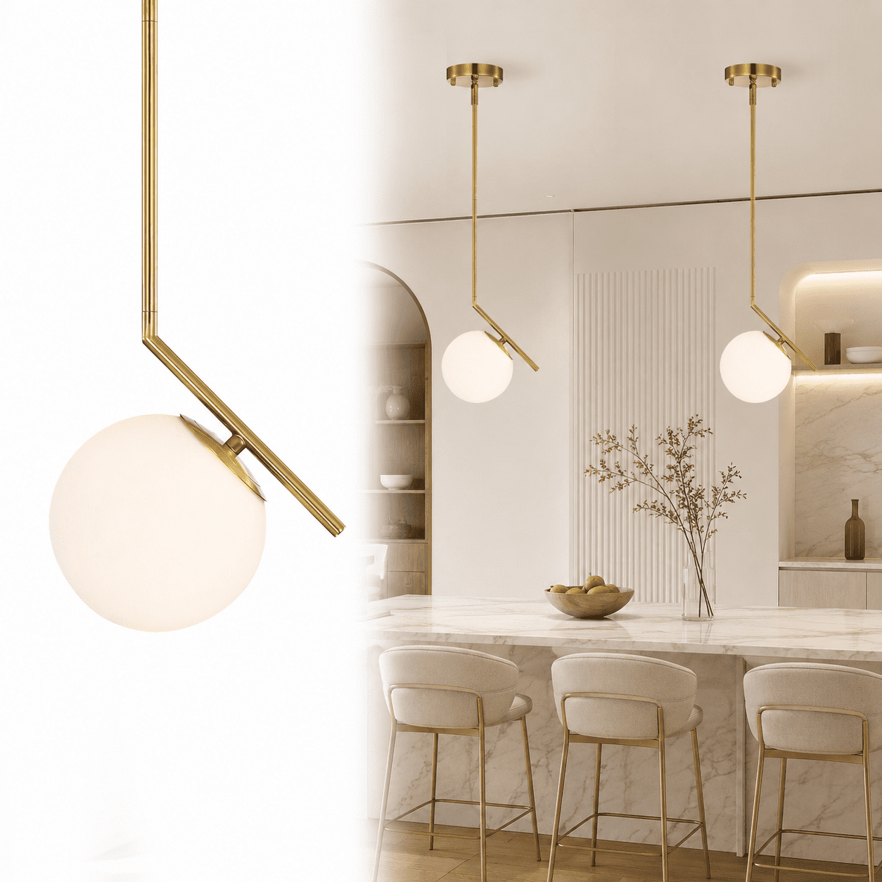 Gold Globe Pendant Light, 5.9" Frosted Glass Shade for Kitchen Island, E12