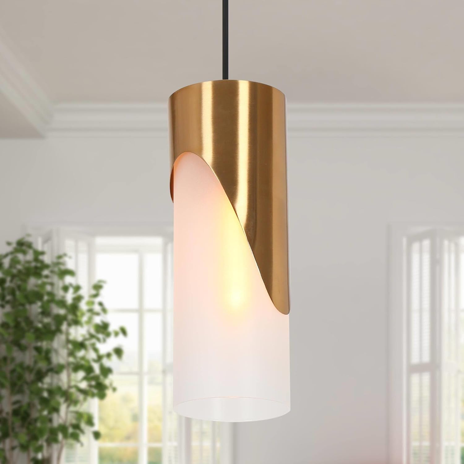 Gold Pendant Lights over Kitchen Island, Modern Glass Dining Room Light Fixtures, Black Gold
