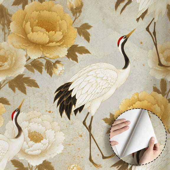 Gold Peony Red-crowned Crane Wallpaper Vintage Rustic Boho Peel and Stick Wallpaper Contact Paper Waterproof Wall Decoration for Living Room Bedroom Bathroom Kitchen Cabinet Drawer