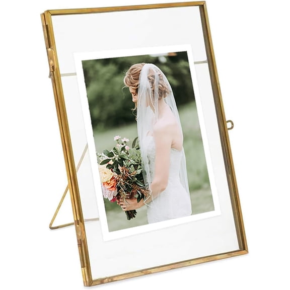 Gold Picture Frame - 4x6 Antique Brass Postcard Picture Frame for Desk - Small Pressed Glass Frame for Pressed Flowers - Floating Vertical (Gold, 5x7 inches)