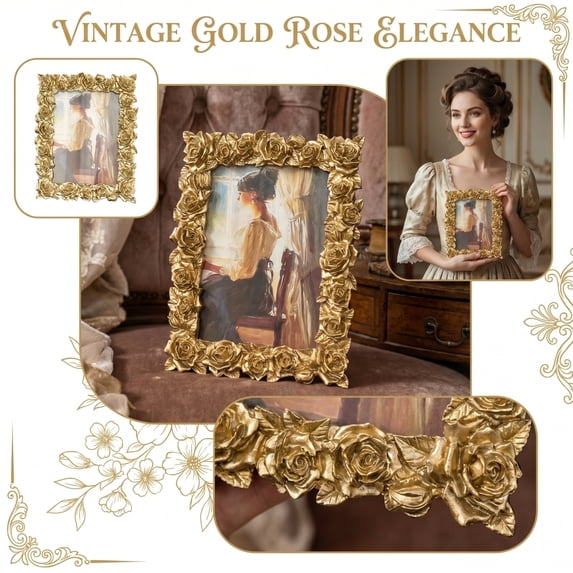 Gold Picture Frame Ornate Floral Vintage Rose Photo Frame for Desk, Living Room Wall Decor Home Gift for Women 8 X 10 Inch