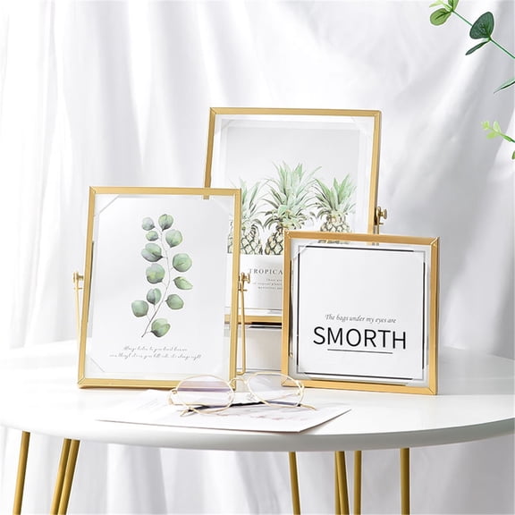 Gold Picture Frames Set of 3, Metal Geometric Photo Frame with Glass Cover Includes 5x7, 4x6, 4x4 - Tabletop Floating Picture Frames for Home Wedding Decoration, Gift for Father's Day