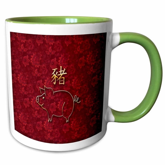 3drose, Gold Pig Outline and Sign of Pig on Rich Red Flowered Design, 15oz Two-tone Green Mug