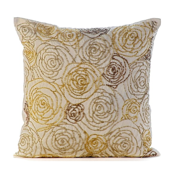 Gold Pillow Cover, Beaded Rose Flowers Floral Theme Glitter Pillow Cover, 14x14 inch (35x35 cm) Decorative Pillow Cover, Square Silk Pillow Cover, Floral Art Deco - Gold Dust Rose