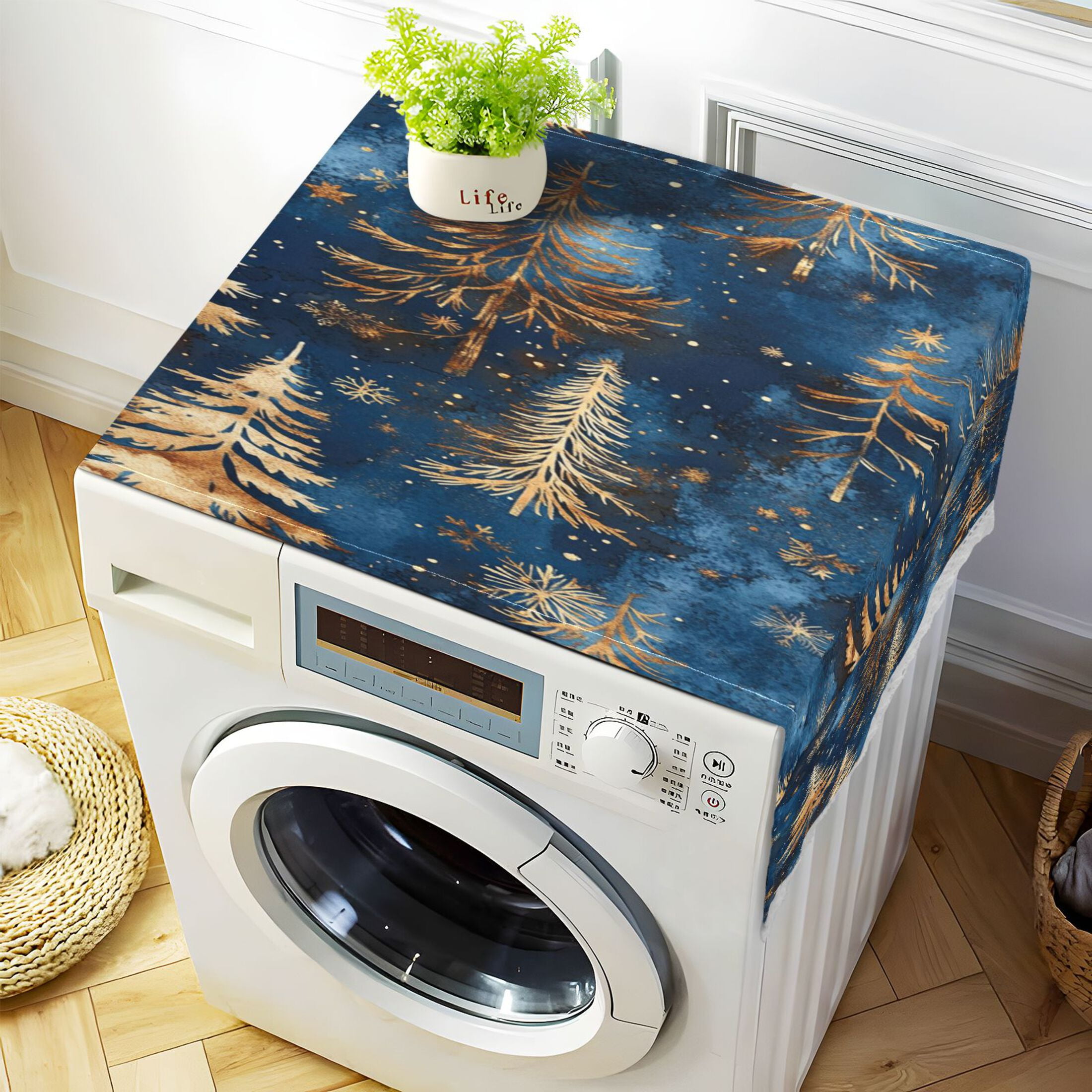 Gold Pine TreesWasher and Dryer Covers Dust-Proof and Oil Resistant Fridge Cover with 4 Storage Pockets Washing Machine Top Cover for Laundry Kitchen Home 51.2 x 22 In