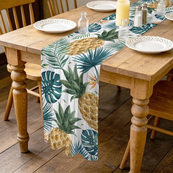 Gold Pineapple 10ft Cheesecloth Table Runner for Wedding 27"x120", Monstera Leaves Tropical Botanical White Wood Striped Kitchen Dinner Sheer Tulle Chiffon Dresser Scarf, Holiday Party Decorations