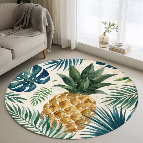 Gold Pineapple 3' Round Rug for Bathroom Accent Bedside Corner, Monstera Leaves Tropical Botanical Summer Washable Non Slip Circle Area Rug for Small Spaces