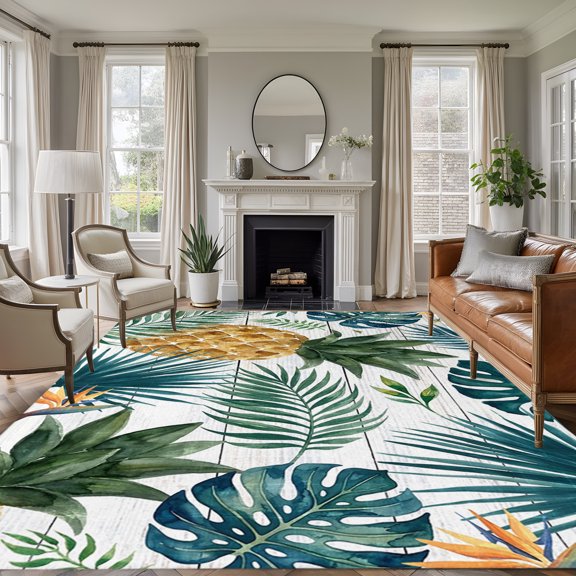 Gold Pineapple 8'x10' Large Area Rug for Living Room Sectional Sofa, Monstera Leaves Tropical Botanical White Wood Striped Washable Non Slip Low Pile Rectangle Area Rug