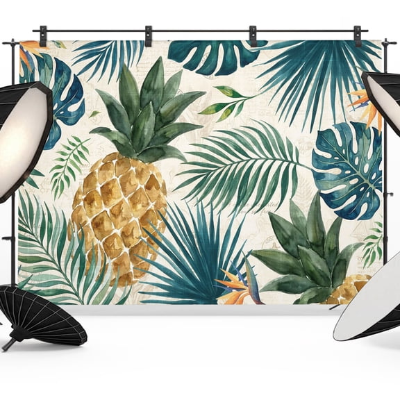 Gold Pineapple Backdrops for Photography, Monstera Leaves Tropical Botanical Summer Fabric Photo Background Sturdy Studio Props for Photo Studio, Video Recording, Booth & Photoshoot 7x5ft