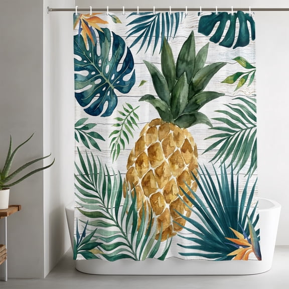 Gold Pineapple Bathroom Shower Curtain, Monstera Leaves Tropical Botanical White Wood Striped Waterproof Washable Soft Bath Curtain for Bathtub Decor with 12 Hooks&Grommet, 36x78in