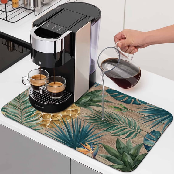 Gold Pineapple Dish Drying Mats for Kitchen Counter, Monstera Leaves Tropical Botanical Brown Wood Striped Absorbent Coffee Bar Mat with Non-slip Rubber Backed Quick Drying Dish Rack Pad 16"x18"