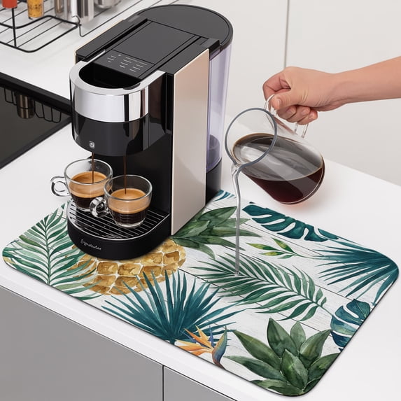 Gold Pineapple Dish Drying Mats for Kitchen Counter, Monstera Leaves Tropical Botanical White Wood Striped Absorbent Coffee Bar Mat with Non-slip Rubber Backed Quick Drying Dish Rack Pad 16"x24"