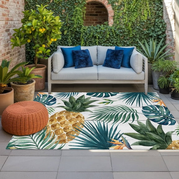 Gold Pineapple Indoor Outdoor Rugs 5x8 Ft, Monstera Leaves Tropical Botanical White Wood Striped Outdoor Patio Rugs Mat Washable Outside Area Rugs Carpet for Porch Deck RV Camping Balcony Backyard
