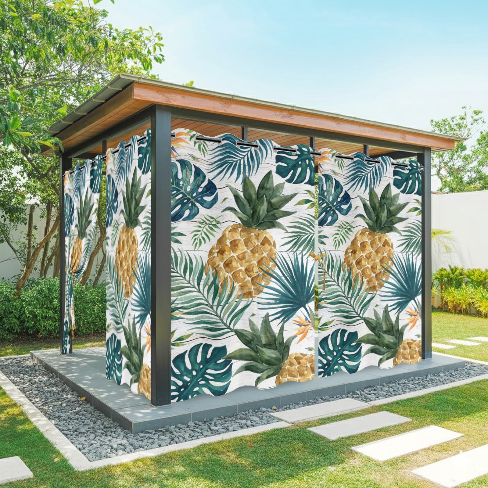 Gold Pineapple Outdoor Curtains for Patio, Monstera Leaves Tropical Botanical White Wood Striped Sunshade Privacy Drapes Grommet Waterproof Outside Curtains for Porch/Cabana/Balcony 54"x 84", 2 Panel