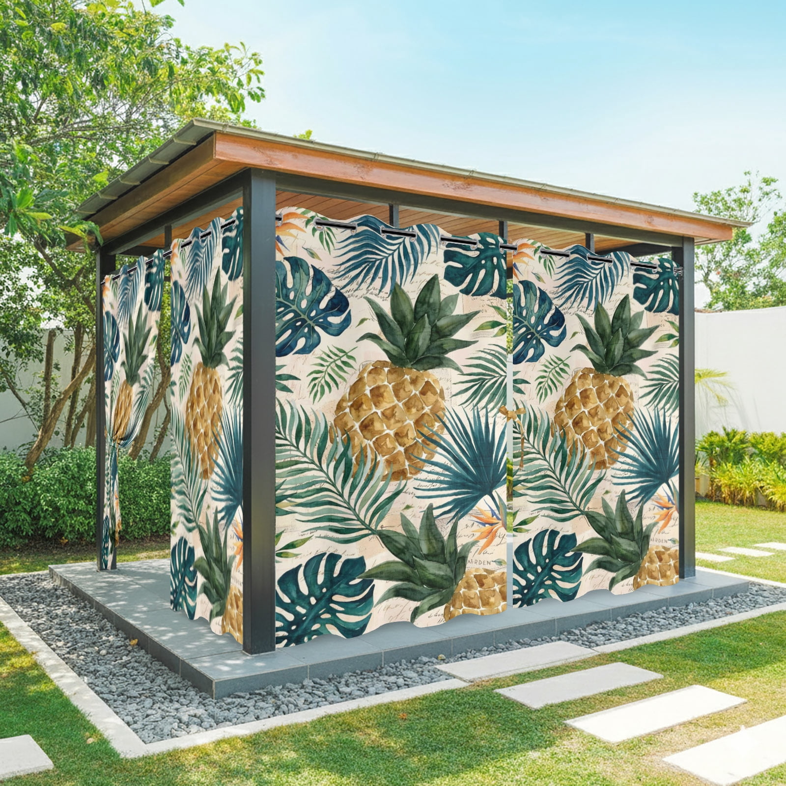 Gold Pineapple Outdoor Curtains for Patio, Monstera Leaves Vintage Tropical Botanical Summer Sunshade Privacy Drapes Grommet Waterproof Outside Curtains for Porch/Cabana/Balcony 54"x 108", 1 Panel
