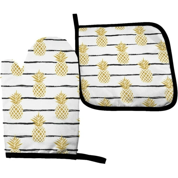 Gold Pineapple Oven Mitts and Pot Holders Set Bright Summer Fruit Stripes Hot Pads&Gloves 2PCS Potholders for Kitchen Cooking Baking BBQ
