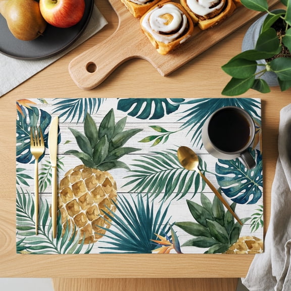 Gold Pineapple Placemats Set of 1, Monstera Leaves Tropical Botanical White Wood Striped Non-Slip Place Mats Washable Table Mats for Kitchen Dining Table Decorations Indoor/Outdoor