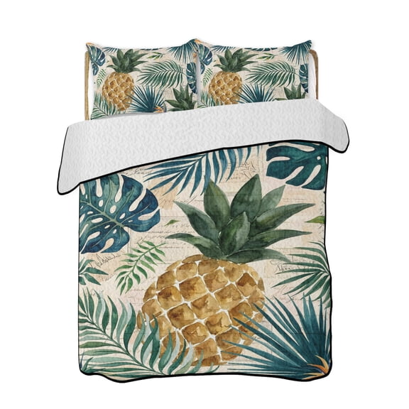 Gold Pineapple Quilts Bedding Set California King Monstera Leaves Vintage Tropical Botanical Summer Lightweight Quilted Bedspread 3 Piece Bed Quilt with 2 Pillow Shams for Bedroom 96" x 106"