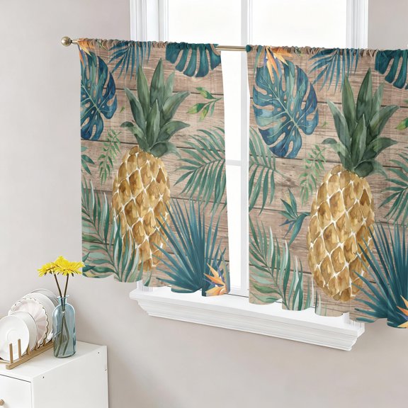 Gold Pineapple Sheer Curtains for Living Room Bedroom, Monstera Leaves Tropical Botanical Brown Wood Striped Light Filtering Sheer Curtain Rod Pocket Voile Window Treaments Drapes, 52 x 45 Inches