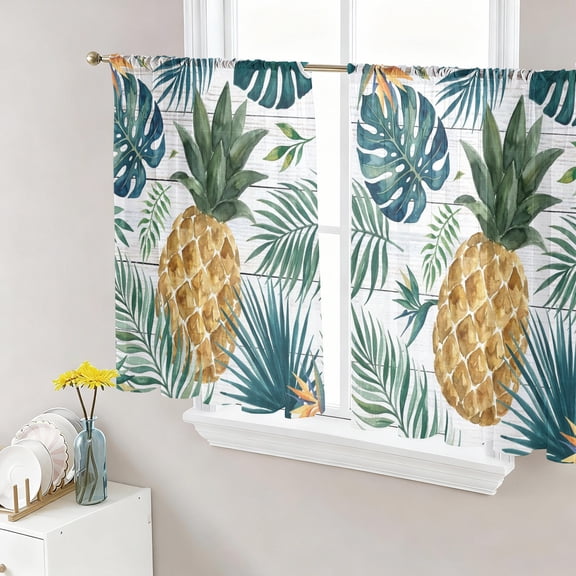 Gold Pineapple Sheer Curtains for Living Room Bedroom, Monstera Leaves Tropical Botanical White Wood Striped Light Filtering Sheer Curtain Rod Pocket Voile Window Treaments Drapes, 52 x 45 Inches