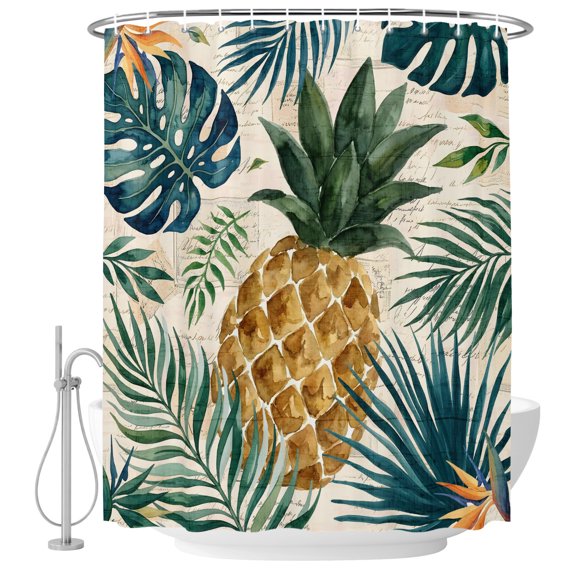 Gold Pineapple Shower Curtain for Bathroom, Monstera Leaves Vintage Tropical Botanical Summer Waterproof Machine Washable Shower Curtain Set with Hooks, Bath Decoration for Home Bathtub Stall 36"x72"