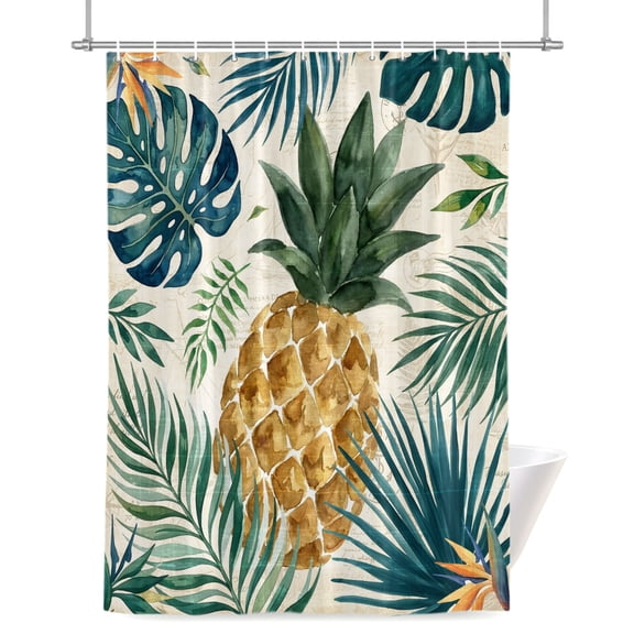 Gold Pineapple Shower Curtains for Bathroom, Monstera Leaves Tropical Botanical Summer Waterproof Fabric Shower Curtain for Bathroom Bathtub Decoration, Machine Washable 72"x72"